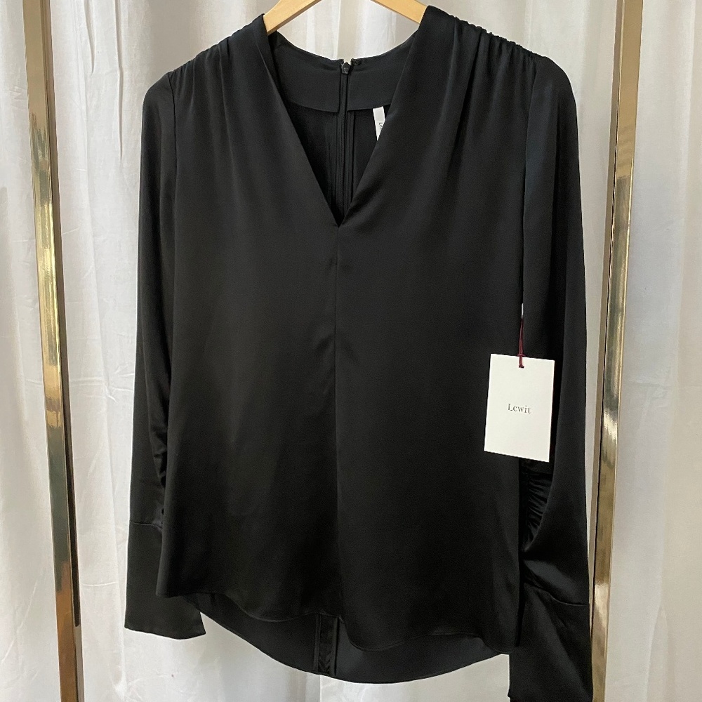 Lewit Women's V-Neck Black Satin Blouse XS